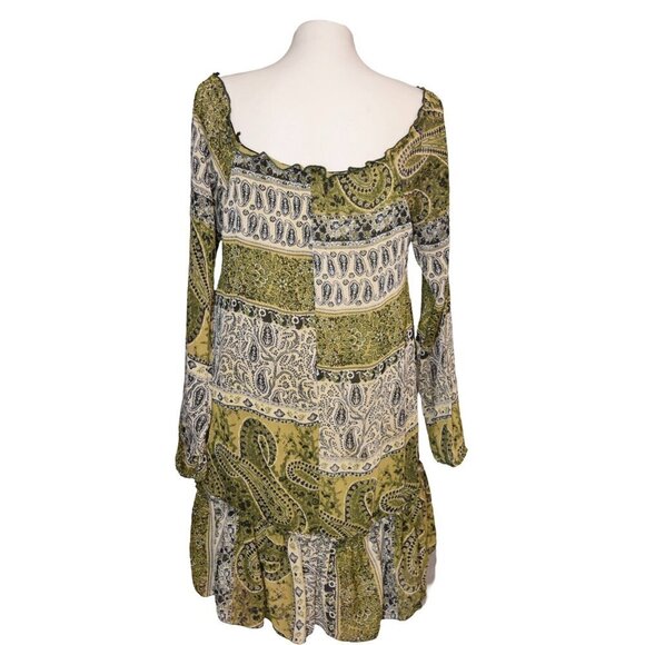 Wet Seal Y2K Paisley Chiffon Flutter Hem Pea Green Dress Goblincore Medium - Picture 3 of 4